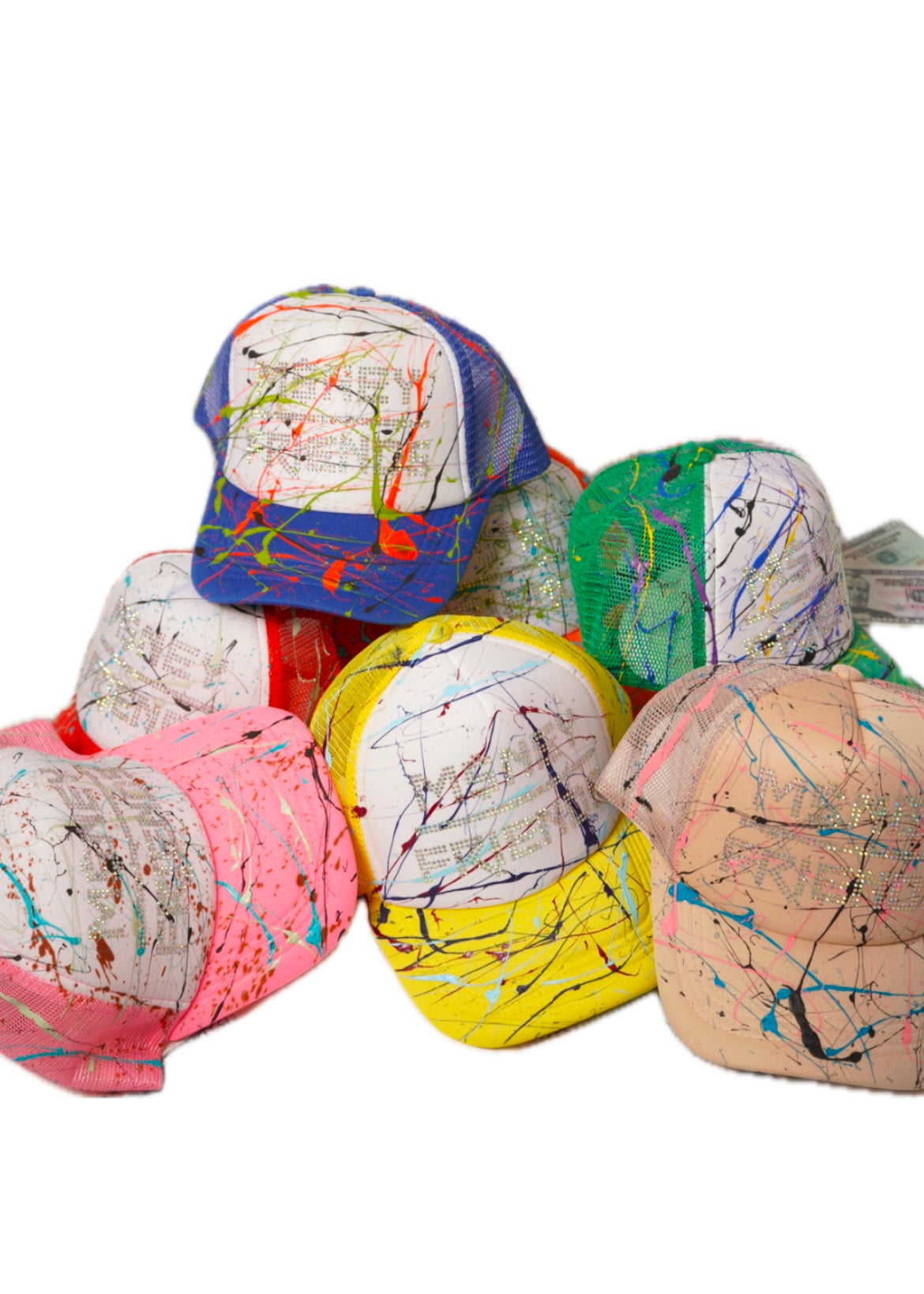 Money Over Friends Trucker Paint Splattered Hats