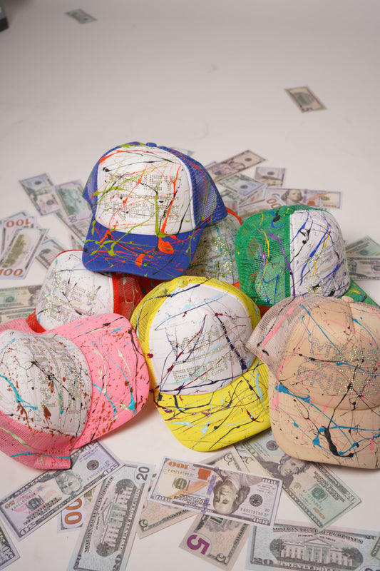 Money Over Friends Trucker Paint Splattered Hats